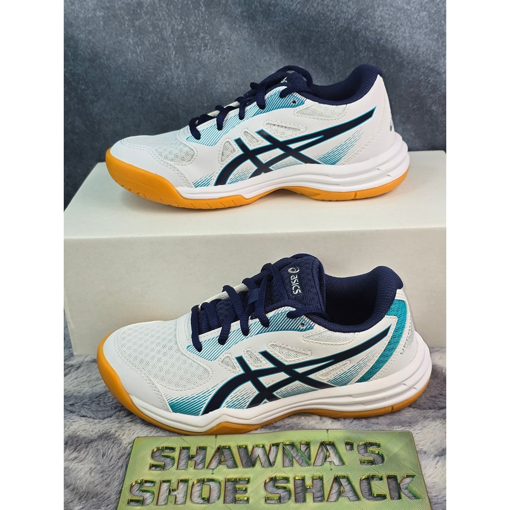 NWOT Asics Upcourt 5 Volleyball Shoes White Deep Ocean Indoor Court Kids Size 1